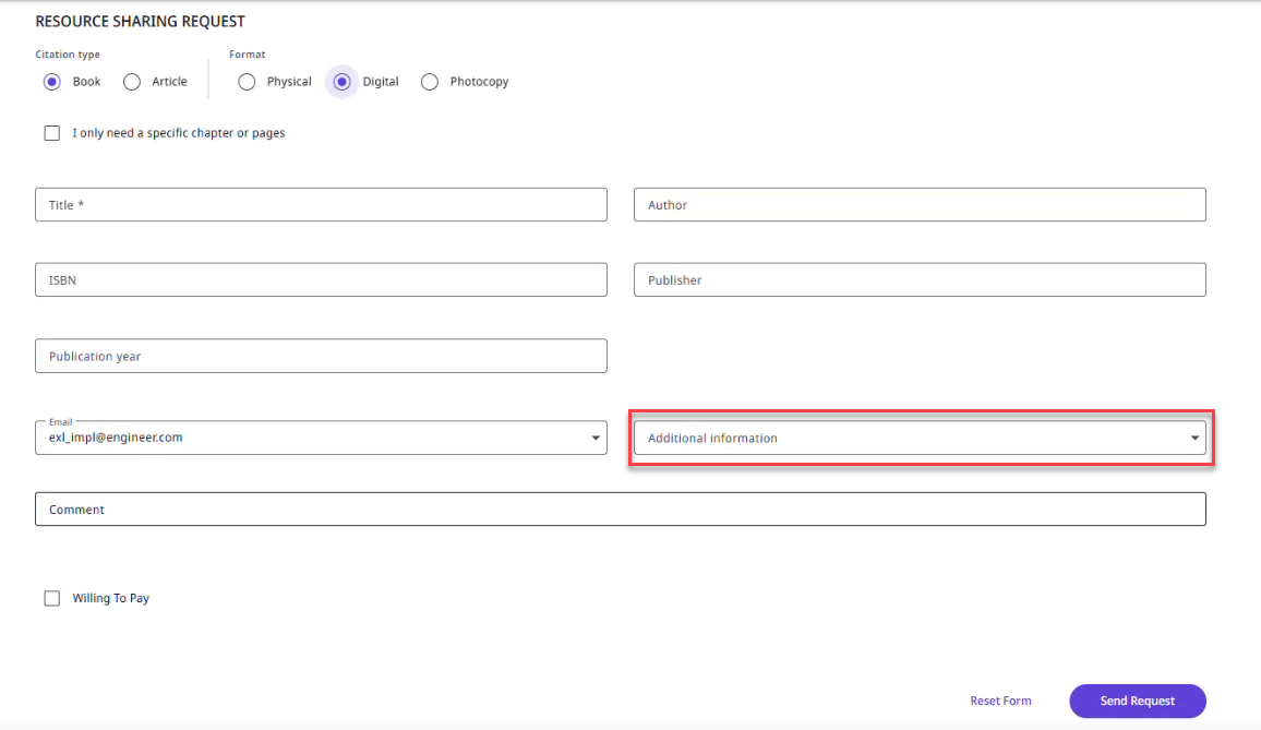 Resource Sharing Request Primo NDE Additional Information field